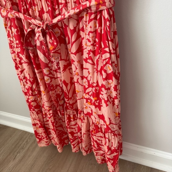 GAP Tiered V-Neck Floral Belted Dress Prairie Cottage Summer Orange Poppy Red M - Picture 5 of 11